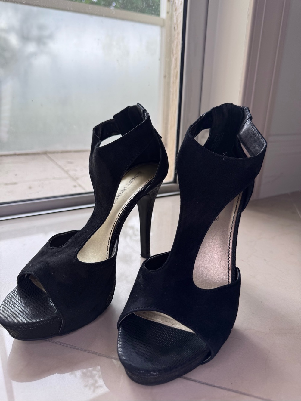 Audrey Brooke Black Suede Peep-Toe Cutout Stiletto Heels